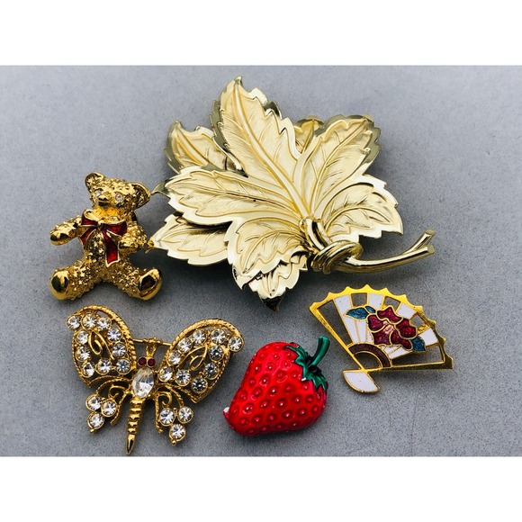 Estate Jewelry - Vintage Gold Tone Brooch Pin Lot of 5 Butterfly Leaf Strawberry Teddy Bear Fan